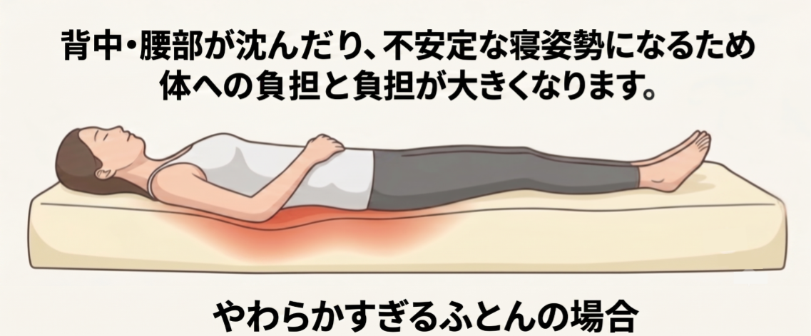 やわらかすぎる布団で寝た場合のイラスト